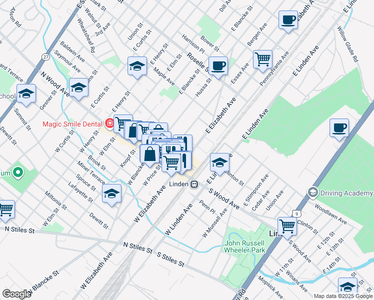 map of restaurants, bars, coffee shops, grocery stores, and more near 115 East Elizabeth Avenue in Linden