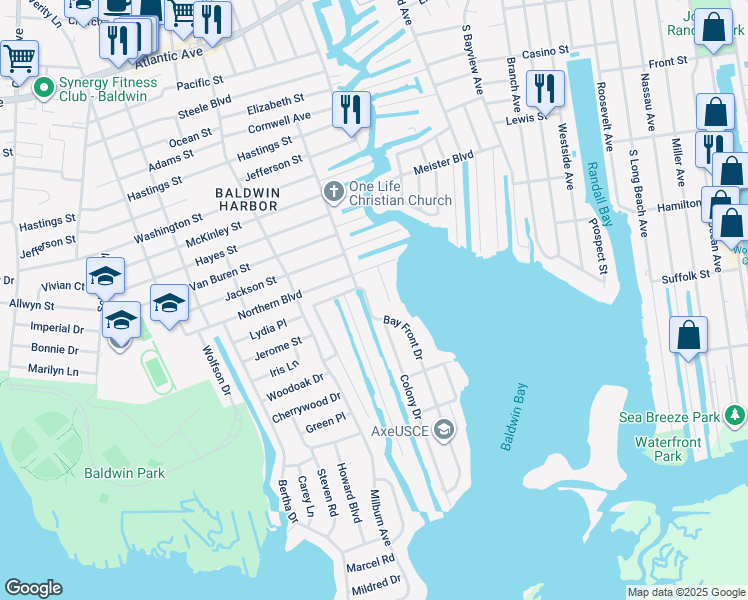 map of restaurants, bars, coffee shops, grocery stores, and more near 16 Bay Front Drive in Baldwin