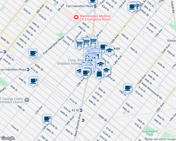 map of restaurants, bars, coffee shops, grocery stores, and more near 5416 New Utrecht Avenue in Brooklyn