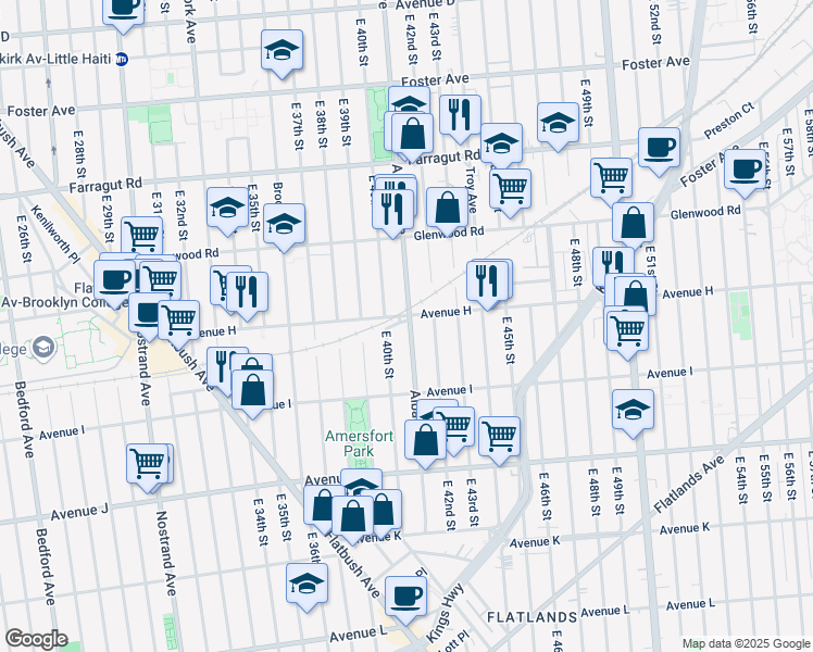 map of restaurants, bars, coffee shops, grocery stores, and more near 4102 Avenue H in Brooklyn