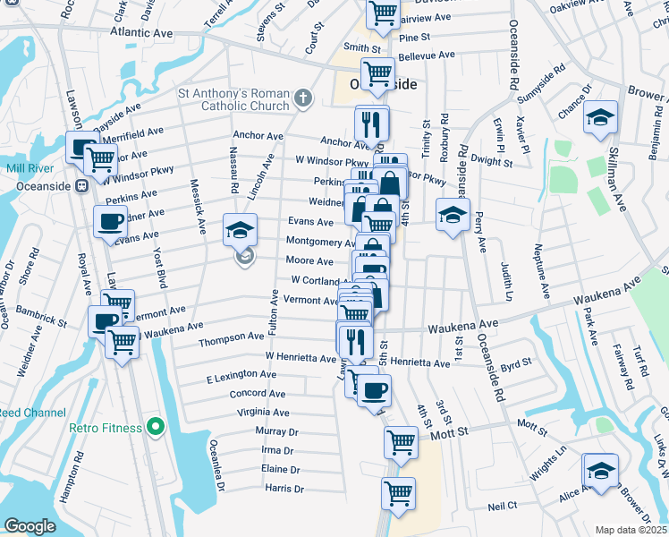 map of restaurants, bars, coffee shops, grocery stores, and more near 43 Moore Avenue in Oceanside