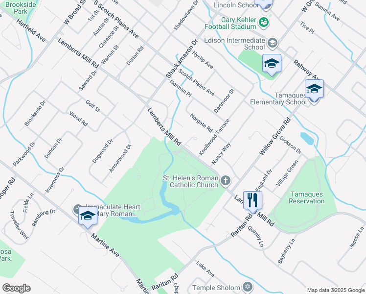 map of restaurants, bars, coffee shops, grocery stores, and more near Lamberts Mill Road & Kirkview Circle in Scotch Plains