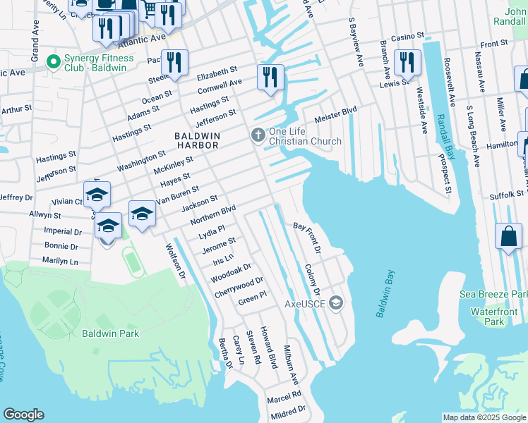 map of restaurants, bars, coffee shops, grocery stores, and more near 3254 Parkway Drive in Baldwin