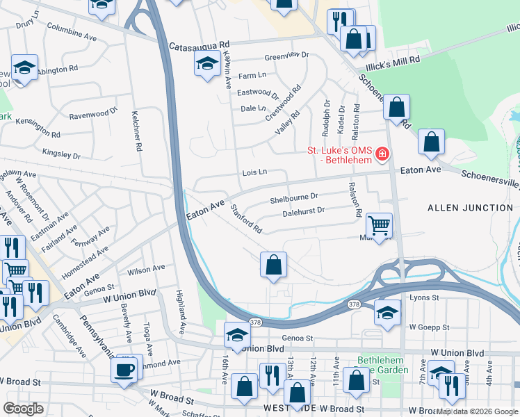map of restaurants, bars, coffee shops, grocery stores, and more near 1511 Shelbourne Drive in Bethlehem