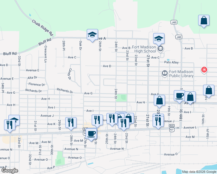map of restaurants, bars, coffee shops, grocery stores, and more near 20 Storms Court in Fort Madison