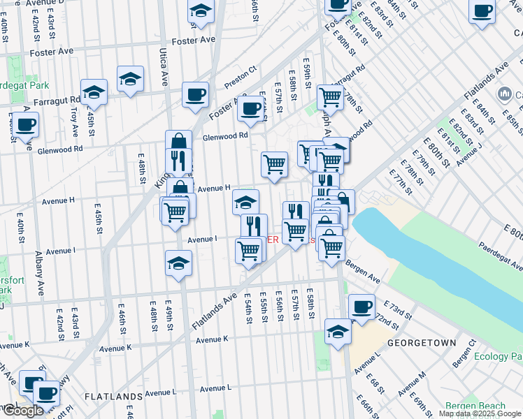 map of restaurants, bars, coffee shops, grocery stores, and more near 1031 East 55th Street in Brooklyn