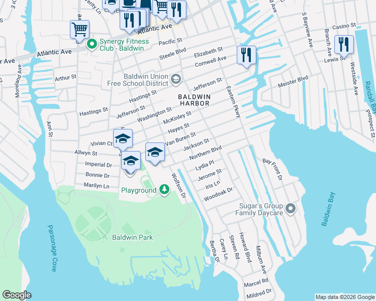 map of restaurants, bars, coffee shops, grocery stores, and more near 3210 Byrd Place in Baldwin