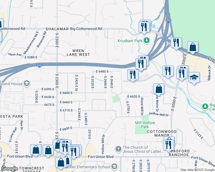 map of restaurants, bars, coffee shops, grocery stores, and more near 6557 South 2600 East in Cottonwood Heights