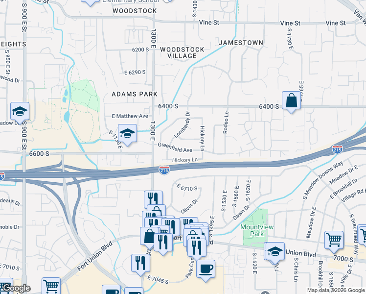 map of restaurants, bars, coffee shops, grocery stores, and more near 1395 Greenfield Avenue in Salt Lake City