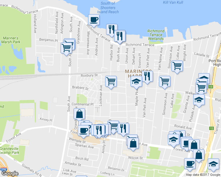 map of restaurants, bars, coffee shops, grocery stores, and more near 189 Harbor Rd in Staten Island