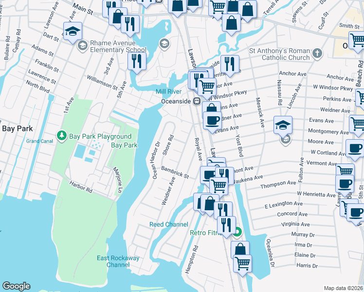 map of restaurants, bars, coffee shops, grocery stores, and more near 3242 Weidner Avenue in Oceanside