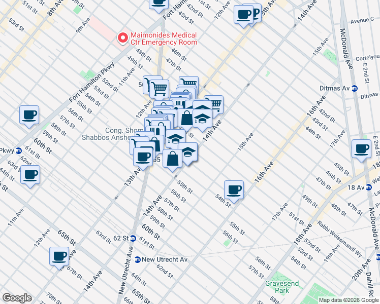 map of restaurants, bars, coffee shops, grocery stores, and more near 5202 14th Avenue in Brooklyn