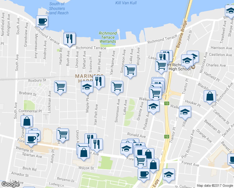 map of restaurants, bars, coffee shops, grocery stores, and more near 190 Simonson Avenue in Staten Island