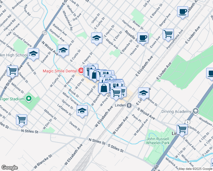 map of restaurants, bars, coffee shops, grocery stores, and more near 10 E Blancke St in Linden
