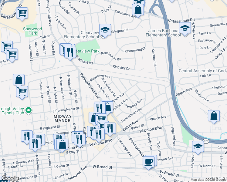 map of restaurants, bars, coffee shops, grocery stores, and more near 1228 West Rosemont Drive in Bethlehem