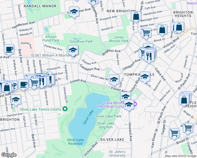 map of restaurants, bars, coffee shops, grocery stores, and more near 86 Silver Lake Road in Staten Island