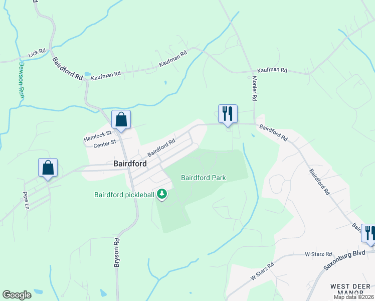 map of restaurants, bars, coffee shops, grocery stores, and more near 117 Orchard Street in Bairdford