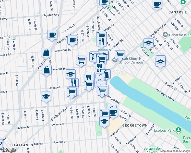 map of restaurants, bars, coffee shops, grocery stores, and more near 876 East 59th Street in Brooklyn