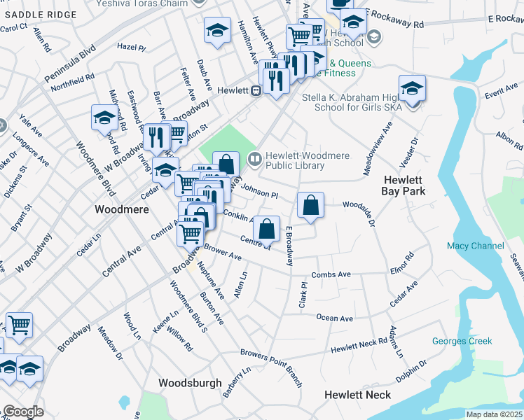 map of restaurants, bars, coffee shops, grocery stores, and more near 1083 Lynn Place in Woodmere