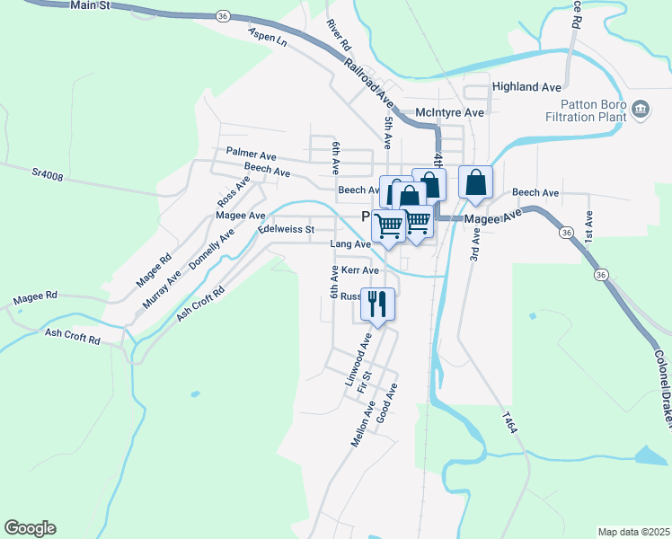 map of restaurants, bars, coffee shops, grocery stores, and more near 519 Kerr Ave in Patton