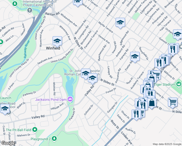 map of restaurants, bars, coffee shops, grocery stores, and more near 1207-3 Stockton Circle in Linden