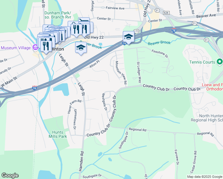 map of restaurants, bars, coffee shops, grocery stores, and more near 12 Westgate Drive in Hunterdon County