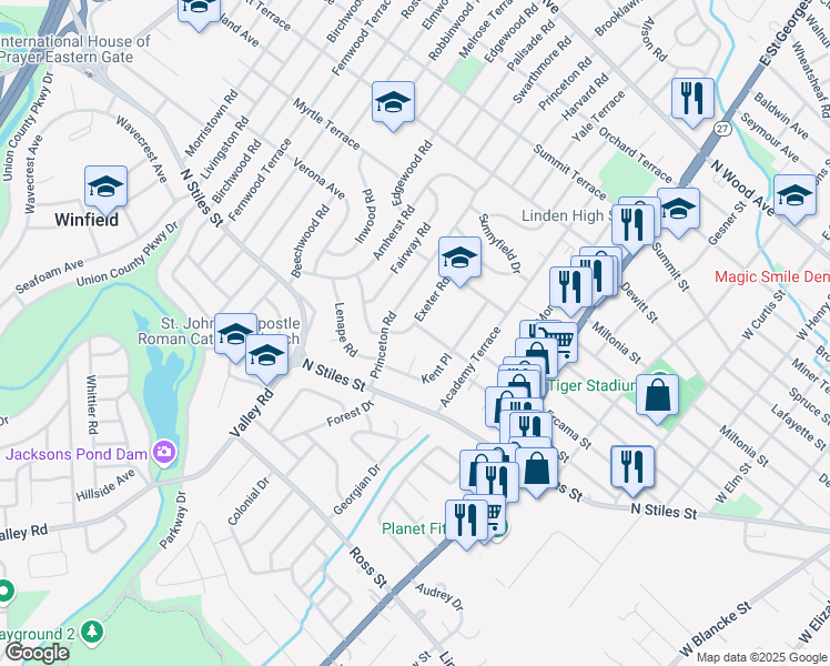map of restaurants, bars, coffee shops, grocery stores, and more near 701 Exeter Road in Linden