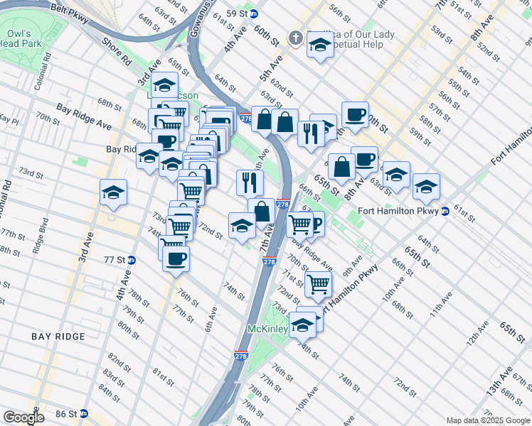 map of restaurants, bars, coffee shops, grocery stores, and more near 639 Bay Ridge Avenue in Brooklyn