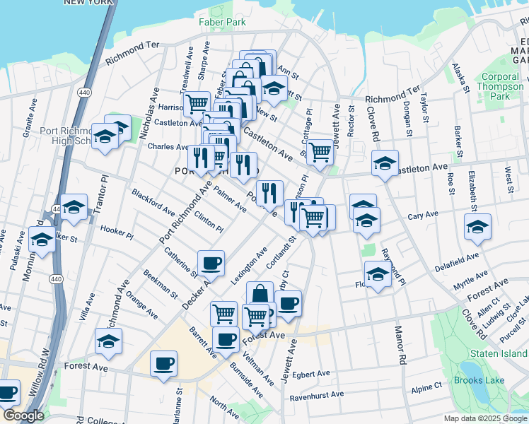 map of restaurants, bars, coffee shops, grocery stores, and more near 2 Decker Avenue in Staten Island
