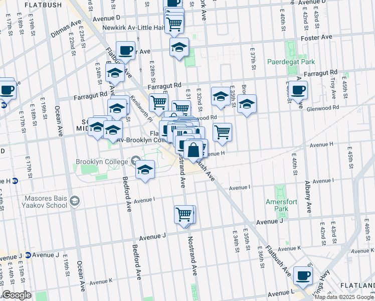 map of restaurants, bars, coffee shops, grocery stores, and more near 1586 Flatbush Avenue in Brooklyn