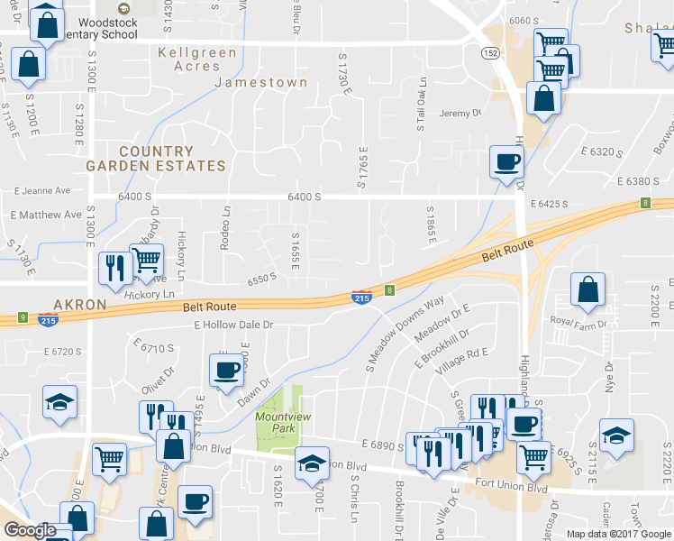 map of restaurants, bars, coffee shops, grocery stores, and more near 1676 East 6485 South in Murray