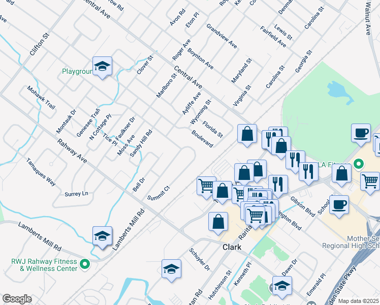 map of restaurants, bars, coffee shops, grocery stores, and more near 74 Summit Ct in Westfield