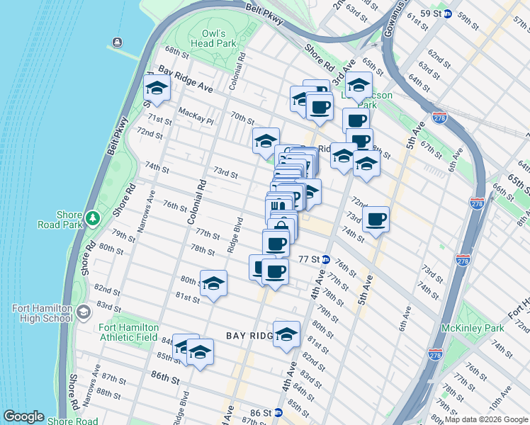 map of restaurants, bars, coffee shops, grocery stores, and more near 223 Bay Ridge Parkway in Brooklyn