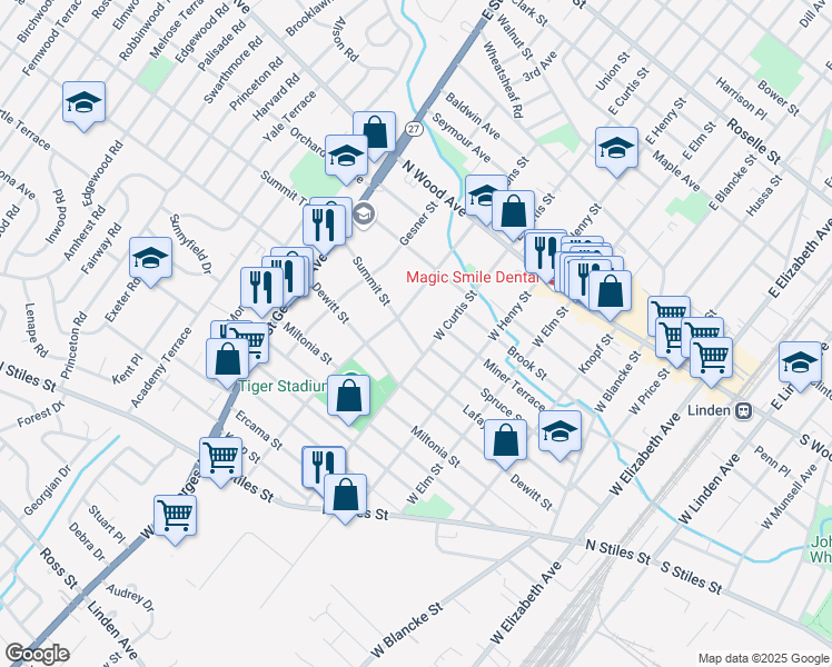 map of restaurants, bars, coffee shops, grocery stores, and more near 714 Summit Street in Linden