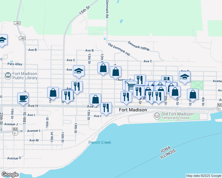 map of restaurants, bars, coffee shops, grocery stores, and more near 1128 Ave F in Fort Madison