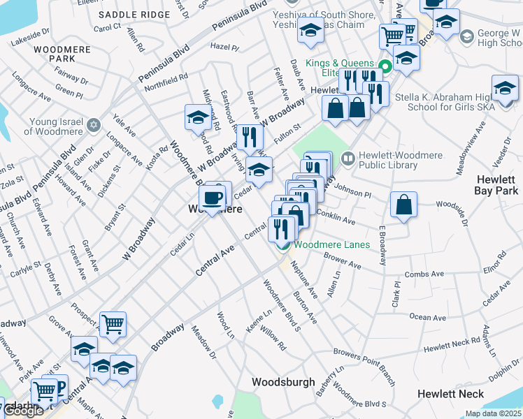 map of restaurants, bars, coffee shops, grocery stores, and more near 111 Irving Place in Woodmere