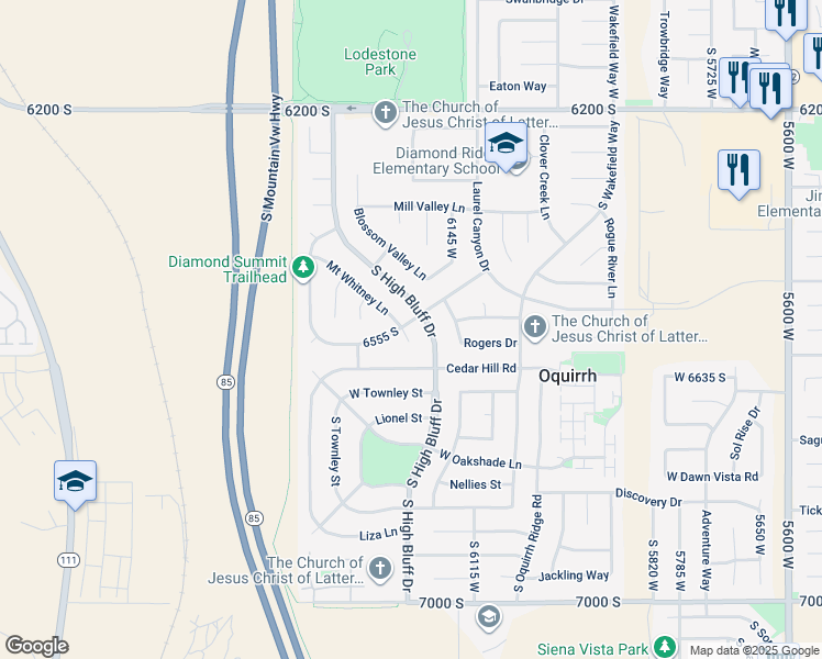 map of restaurants, bars, coffee shops, grocery stores, and more near 6567 Cedar Creek Cir in West Valley City