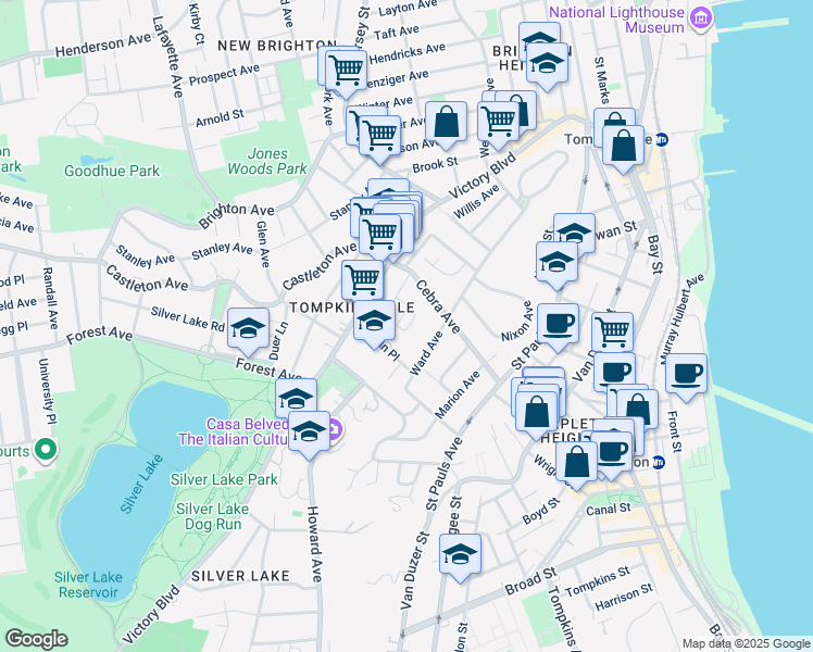 map of restaurants, bars, coffee shops, grocery stores, and more near 72B Clark Lane in Staten Island