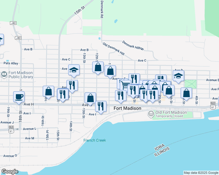 map of restaurants, bars, coffee shops, grocery stores, and more near 1098 Ave F in Fort Madison