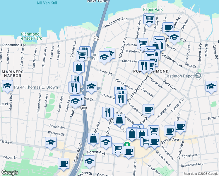 map of restaurants, bars, coffee shops, grocery stores, and more near 322 Nicholas Avenue in Staten Island