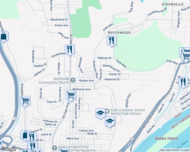 map of restaurants, bars, coffee shops, grocery stores, and more near 4 Auburn Street in East Liverpool
