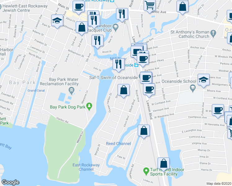 map of restaurants, bars, coffee shops, grocery stores, and more near 3254 Shore Road in Oceanside