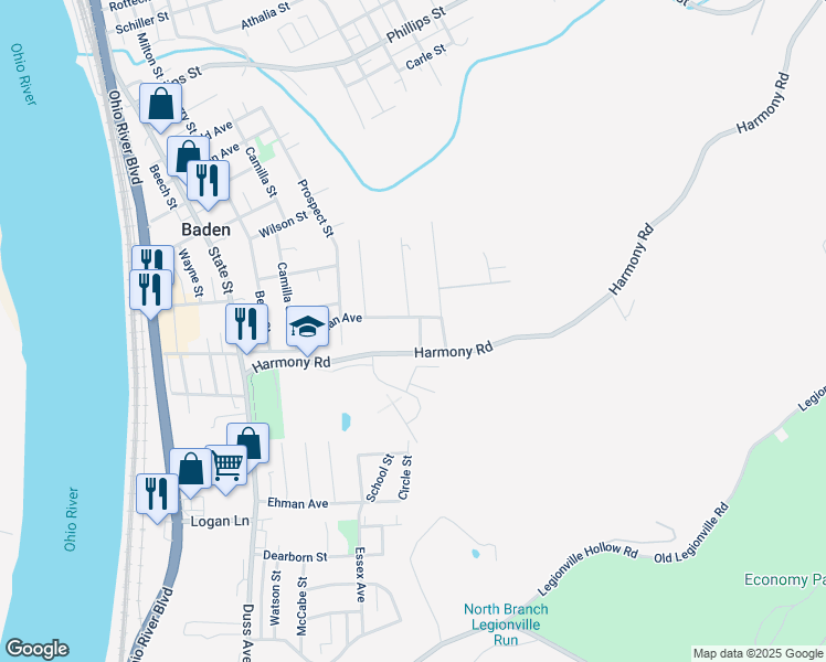 map of restaurants, bars, coffee shops, grocery stores, and more near 267 Beaver St in Baden