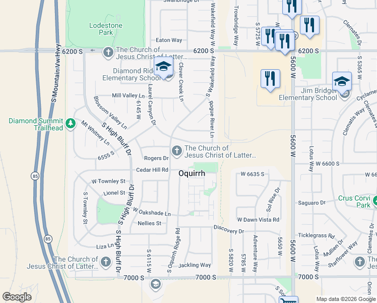 map of restaurants, bars, coffee shops, grocery stores, and more near 5970 River Rock Place in West Valley City