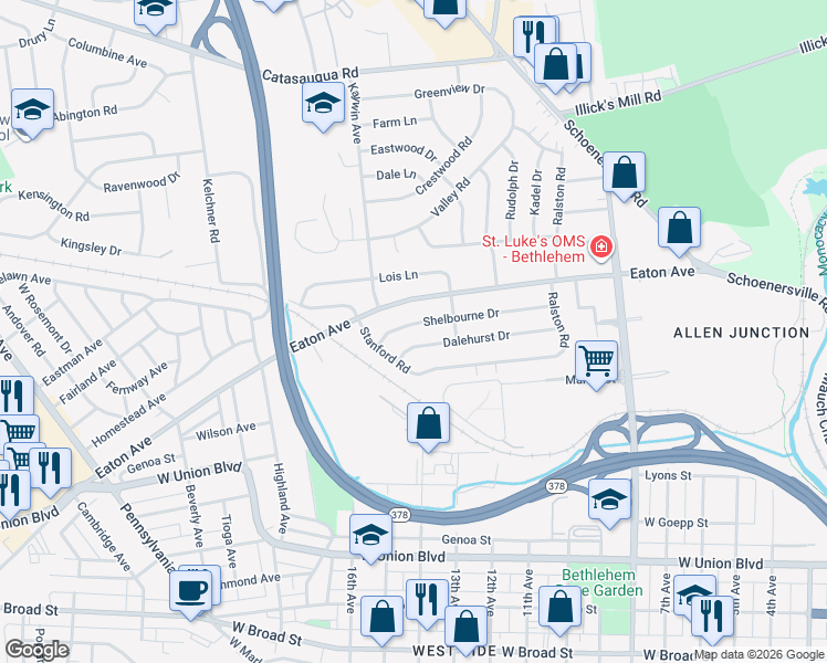 map of restaurants, bars, coffee shops, grocery stores, and more near 1511 Shelbourne Dr in Bethlehem
