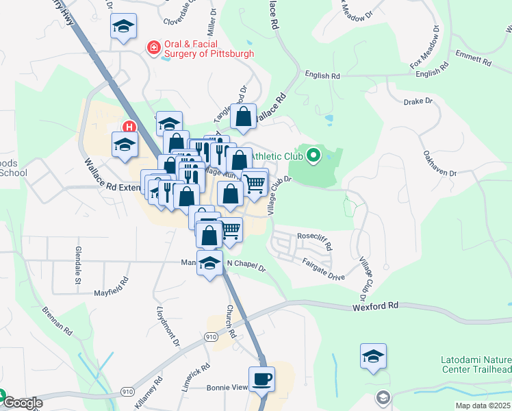 map of restaurants, bars, coffee shops, grocery stores, and more near 155 Town Center Drive in Allegheny County