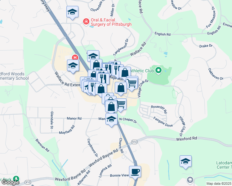 map of restaurants, bars, coffee shops, grocery stores, and more near Town Center Drive in Wexford
