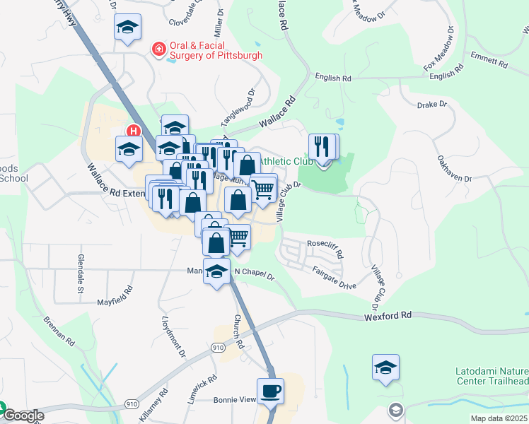 map of restaurants, bars, coffee shops, grocery stores, and more near 155 Town Center Drive in Allegheny County