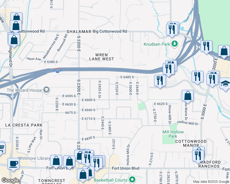map of restaurants, bars, coffee shops, grocery stores, and more near 6552 South 2520 East in Cottonwood Heights