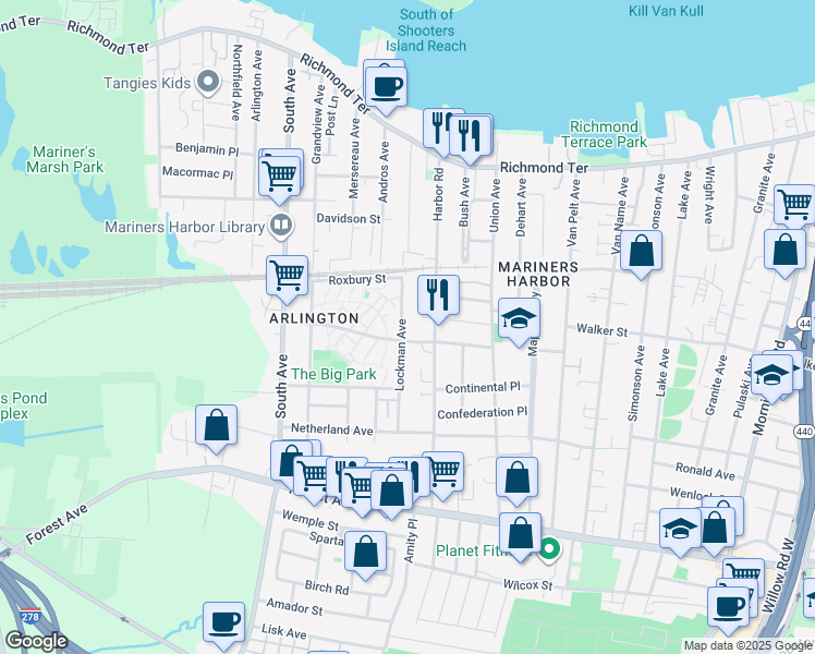map of restaurants, bars, coffee shops, grocery stores, and more near 20 Harbor Loop in Staten Island